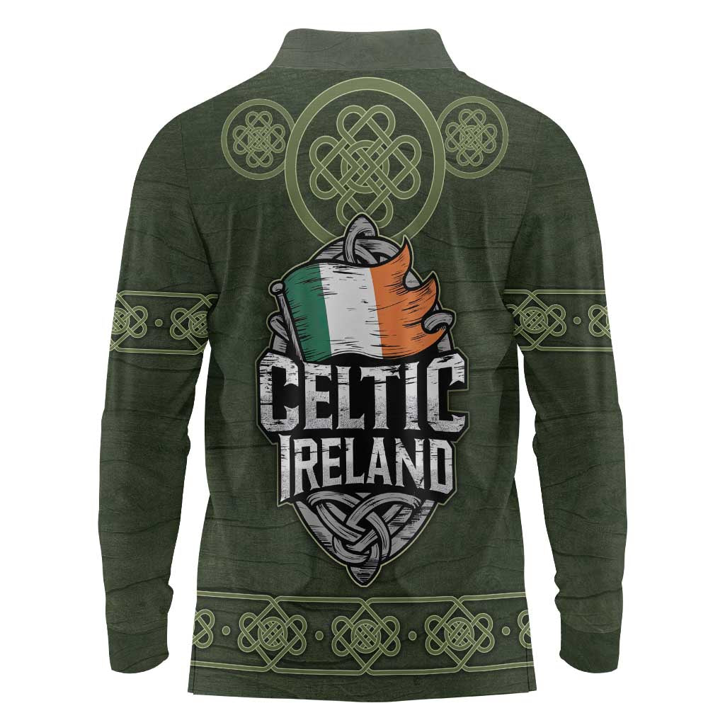 Celtic Ireland Long Sleeve Polo Shirt with Irish Flag Castle and Knotwork Design