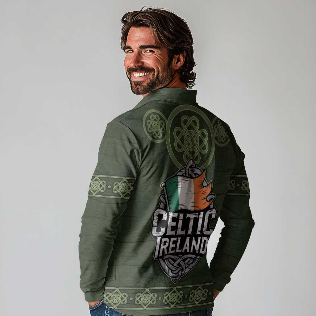 Celtic Ireland Long Sleeve Polo Shirt with Irish Flag Castle and Knotwork Design