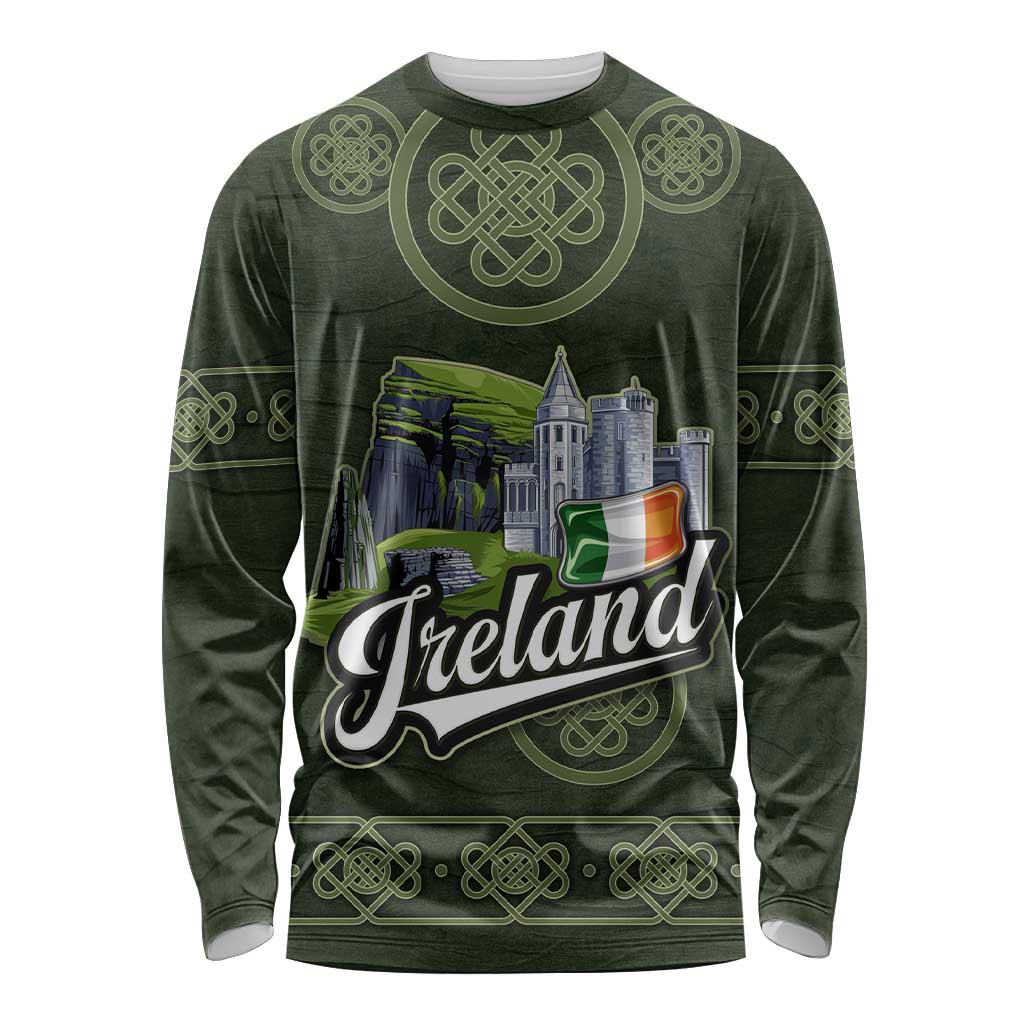 Celtic Ireland Long Sleeve Shirt with Irish Flag Castle and Knotwork Design