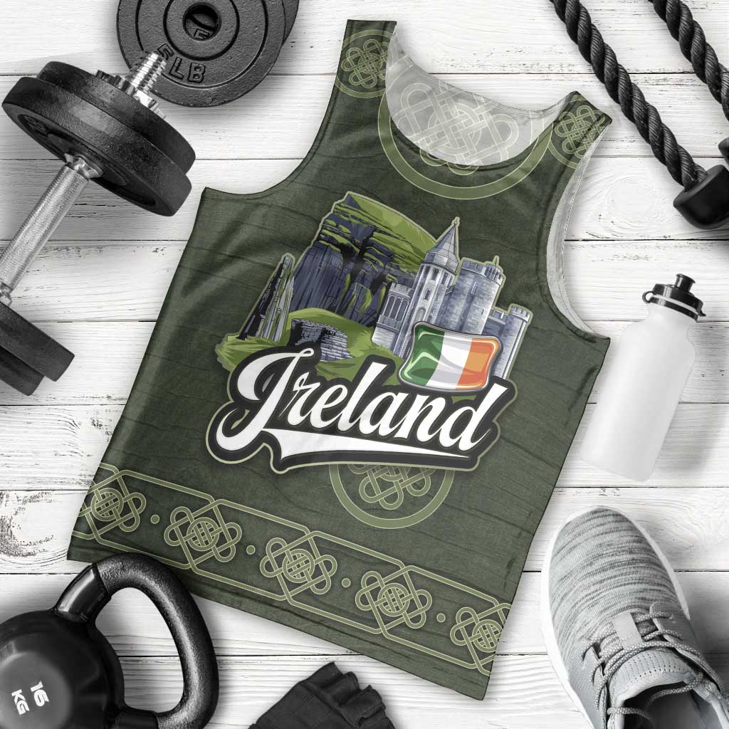 Celtic Ireland Men Tank Top with Irish Flag Castle and Knotwork Design