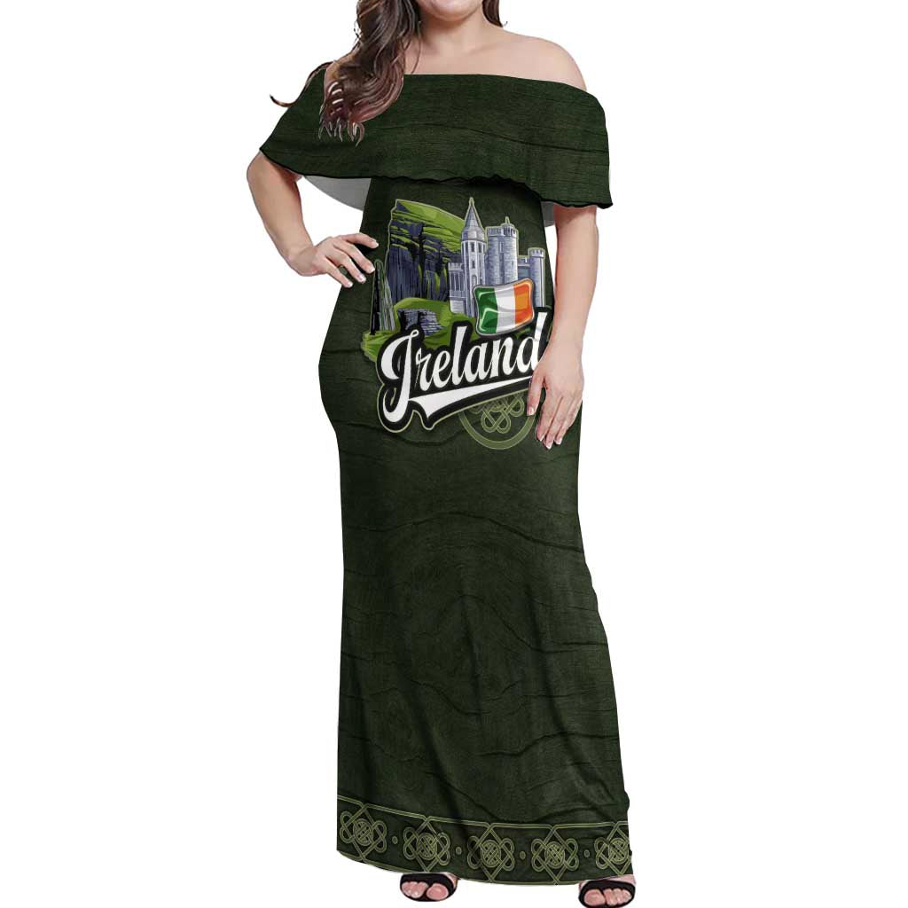 Celtic Ireland Off Shoulder Maxi Dress with Irish Flag Castle and Knotwork Design