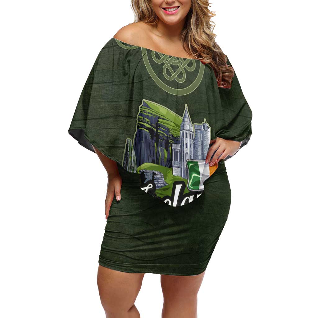 Celtic Ireland Off Shoulder Short Dress with Irish Flag Castle and Knotwork Design