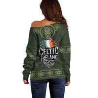 Celtic Ireland Off Shoulder Sweater with Irish Flag Castle and Knotwork Design