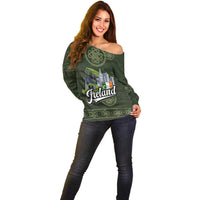 Celtic Ireland Off Shoulder Sweater with Irish Flag Castle and Knotwork Design