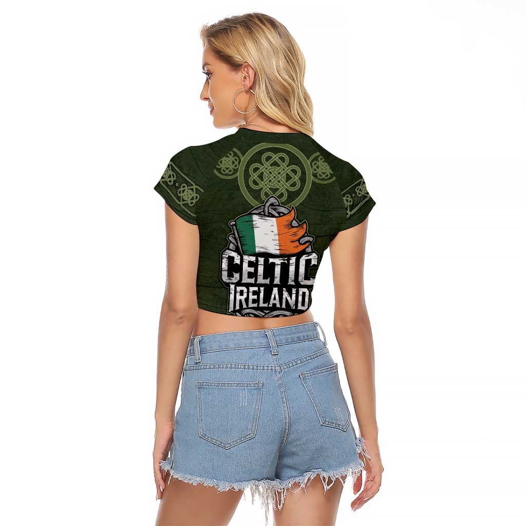 Celtic Ireland Raglan Cropped T Shirt with Irish Flag Castle and Knotwork Design