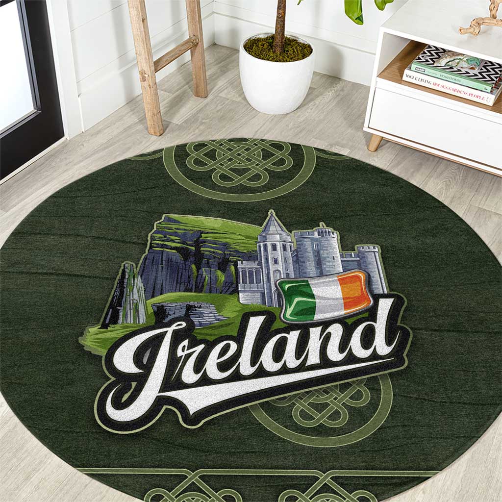 Celtic Ireland Round Carpet with Irish Flag Castle and Knotwork Design