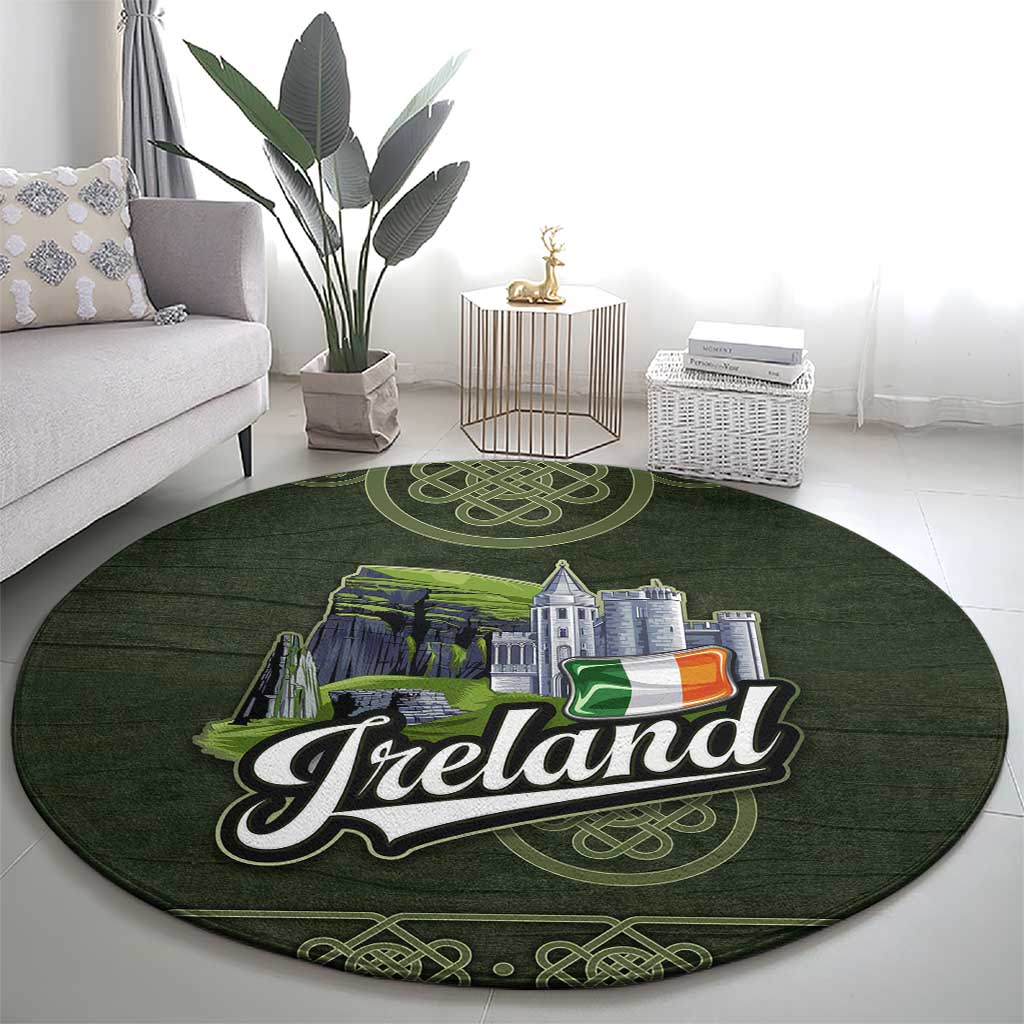 Celtic Ireland Round Carpet with Irish Flag Castle and Knotwork Design