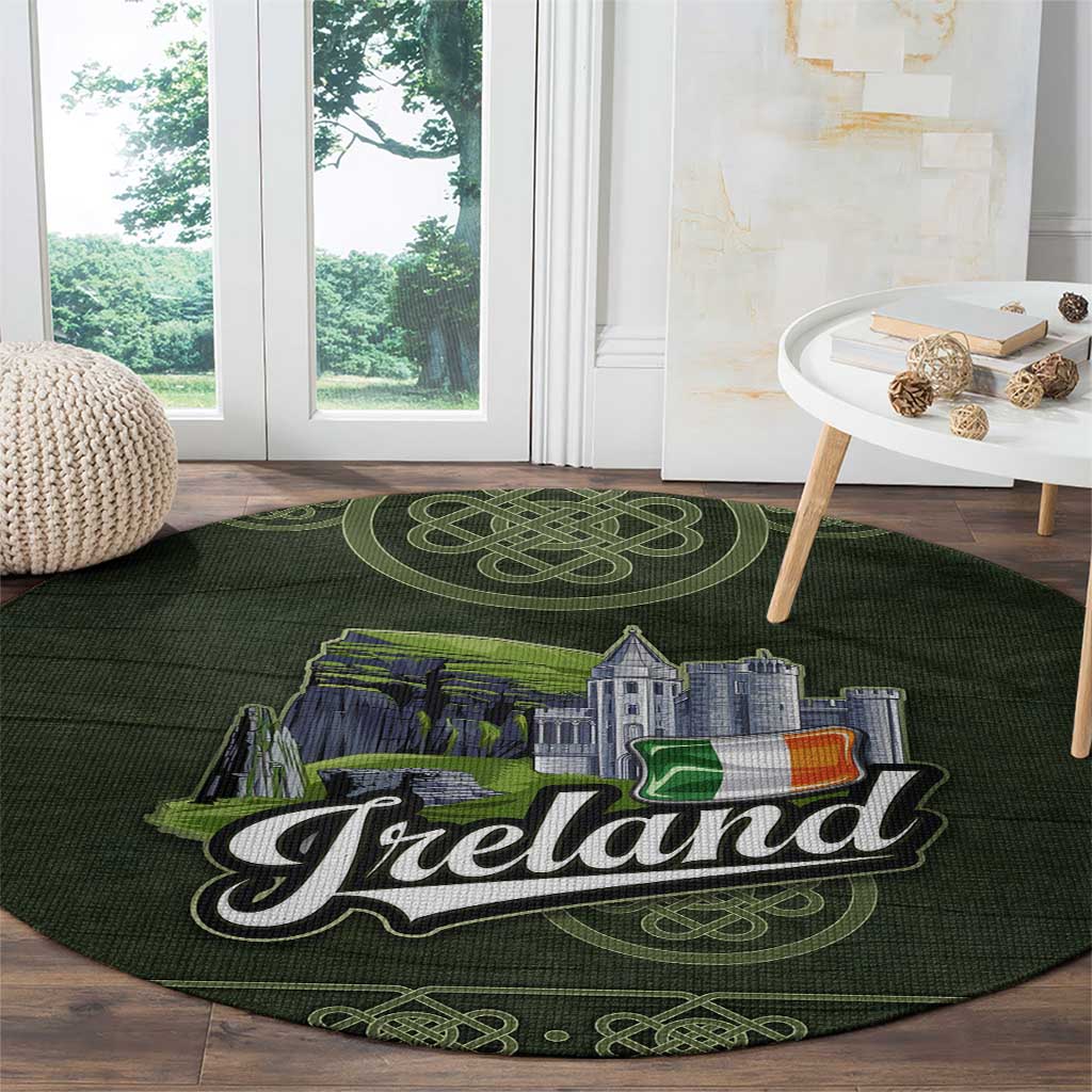 Celtic Ireland Round Carpet with Irish Flag Castle and Knotwork Design