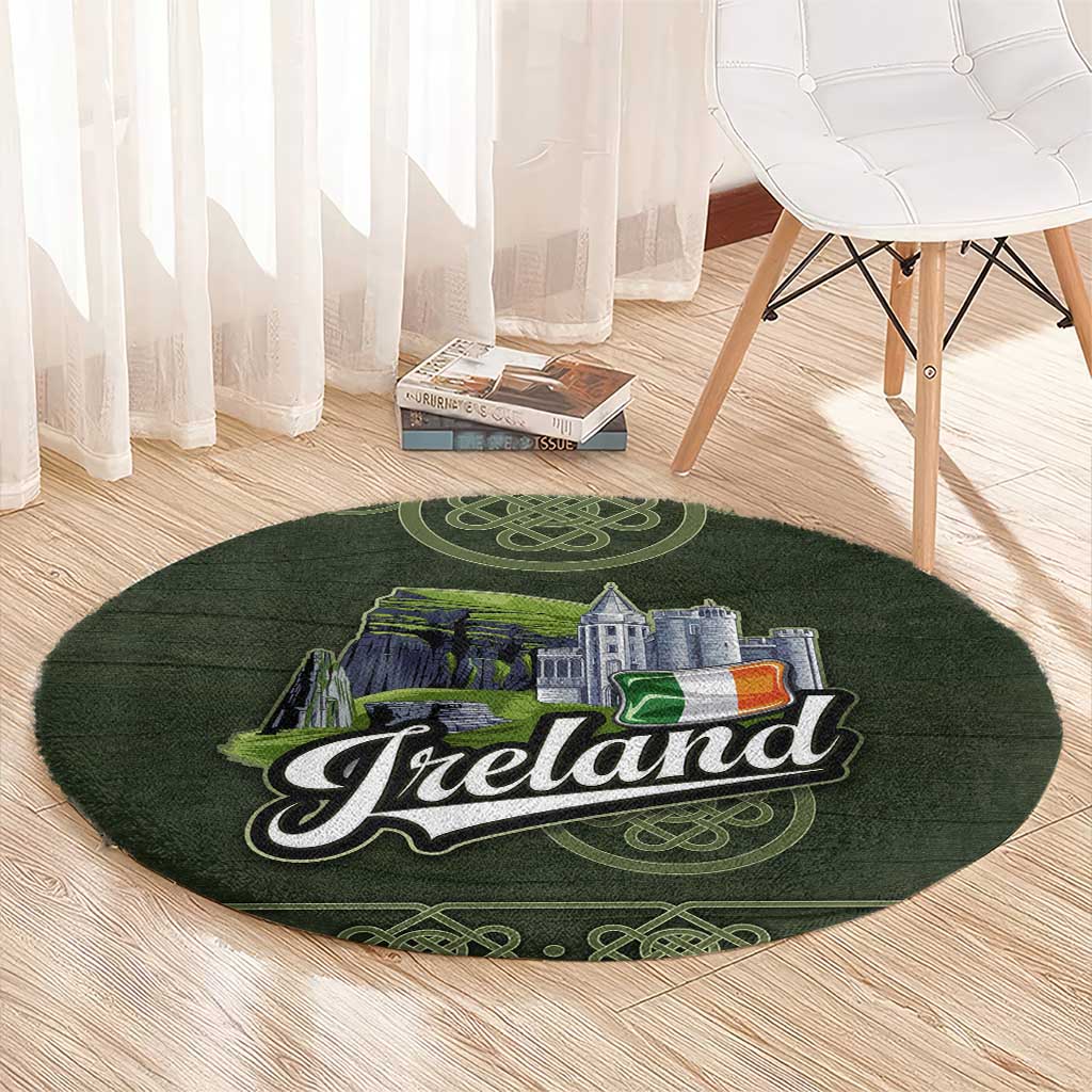 Celtic Ireland Round Carpet with Irish Flag Castle and Knotwork Design