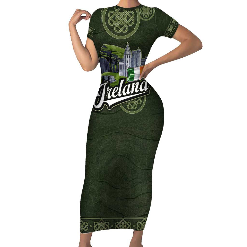 Celtic Ireland Short Sleeve Bodycon Dress with Irish Flag Castle and Knotwork Design