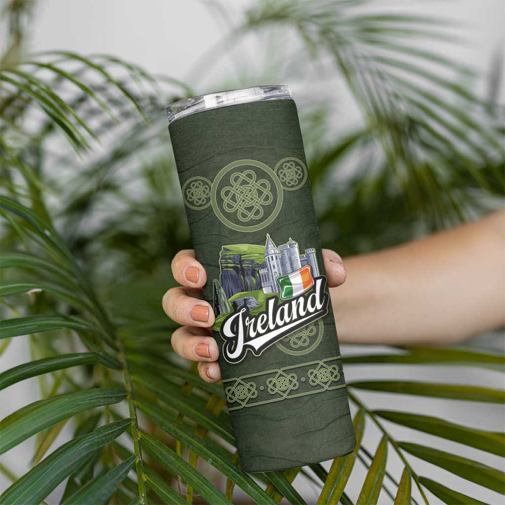 Celtic Ireland Skinny Tumbler with Irish Flag Castle and Knotwork Design