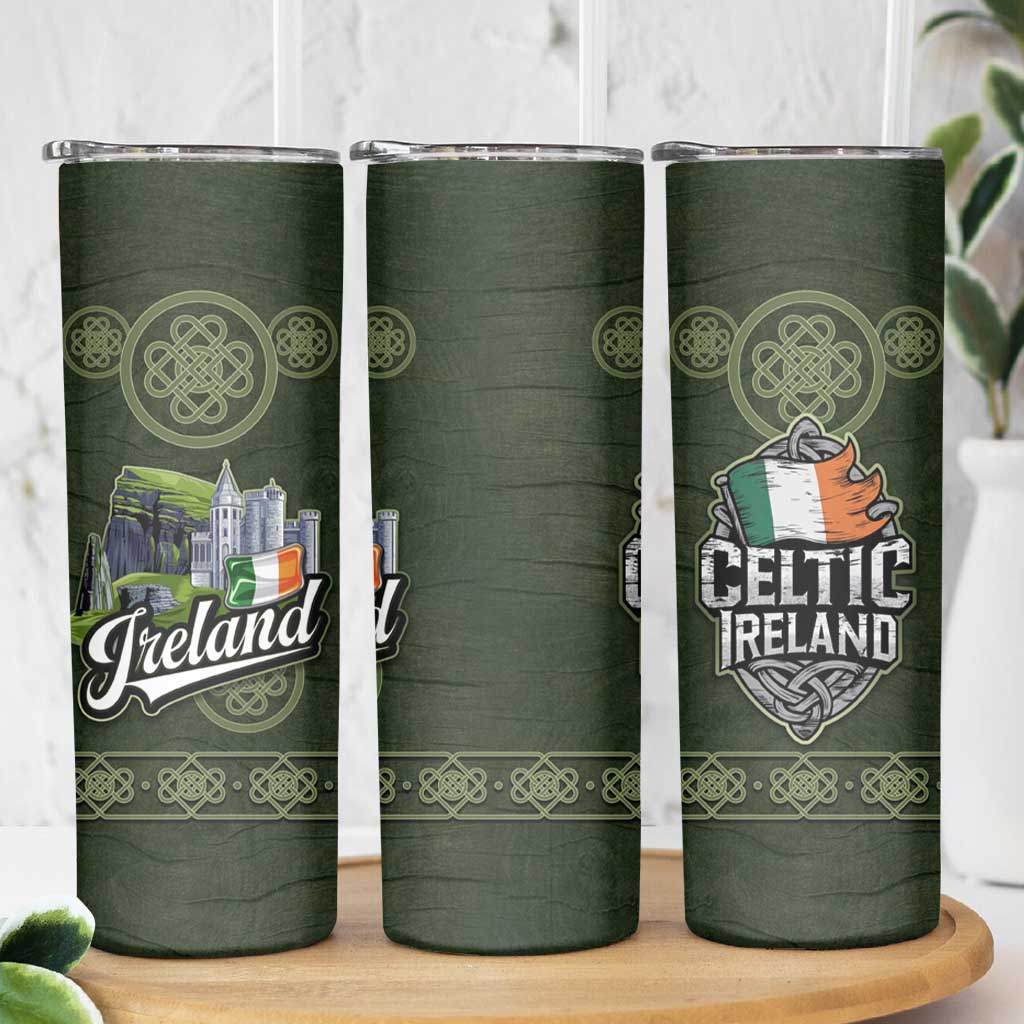 Celtic Ireland Skinny Tumbler with Irish Flag Castle and Knotwork Design