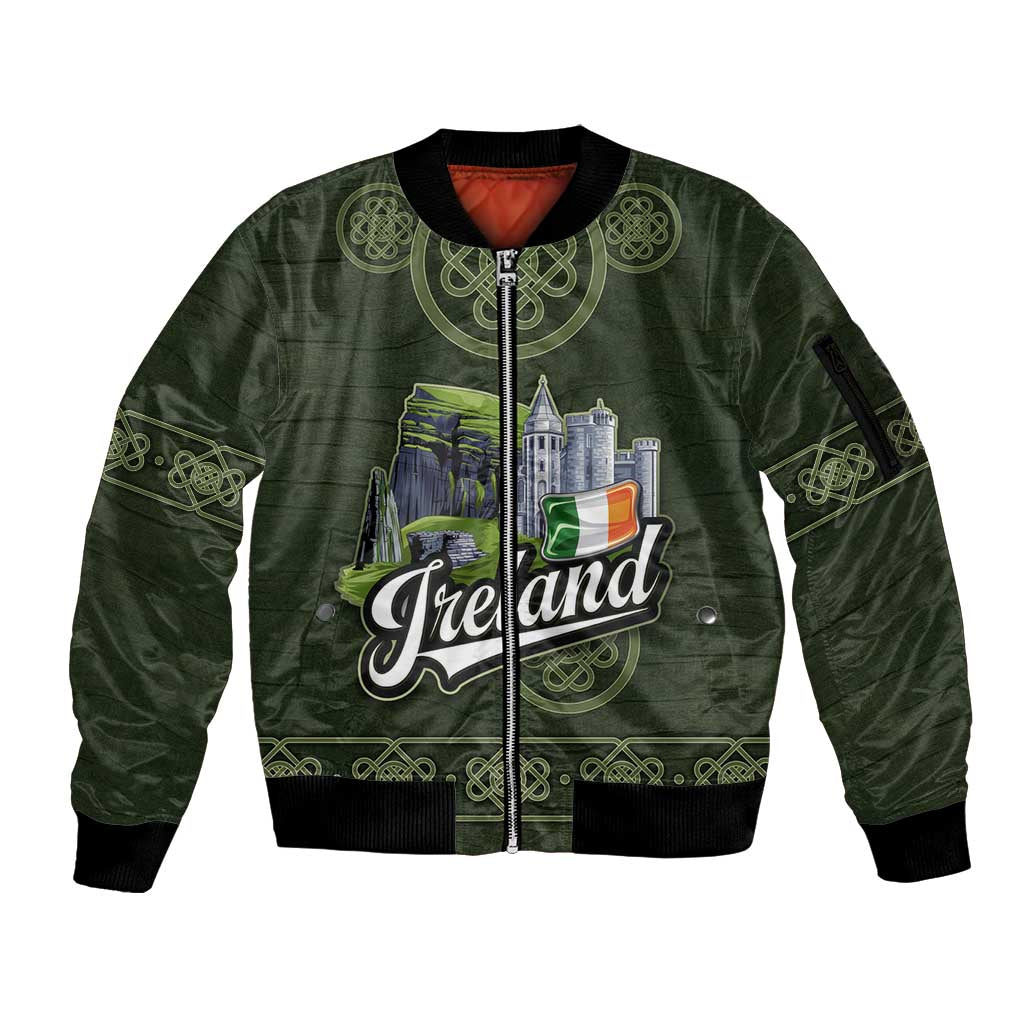 Celtic Ireland Sleeve Zip Bomber Jacket with Irish Flag Castle and Knotwork Design
