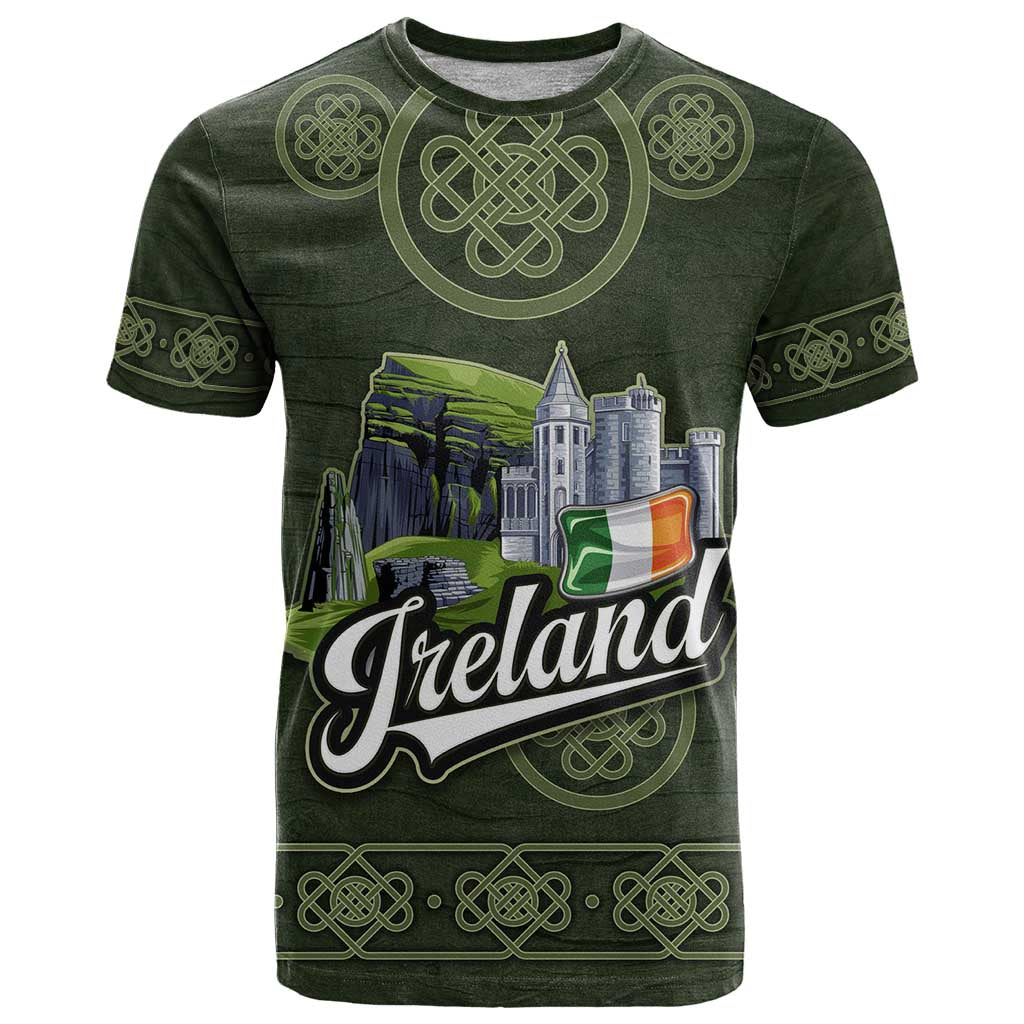 Celtic Ireland T Shirt with Irish Flag Castle and Knotwork Design