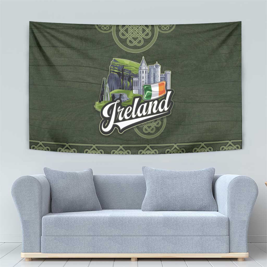 Celtic Ireland Tapestry with Irish Flag Castle and Knotwork Design