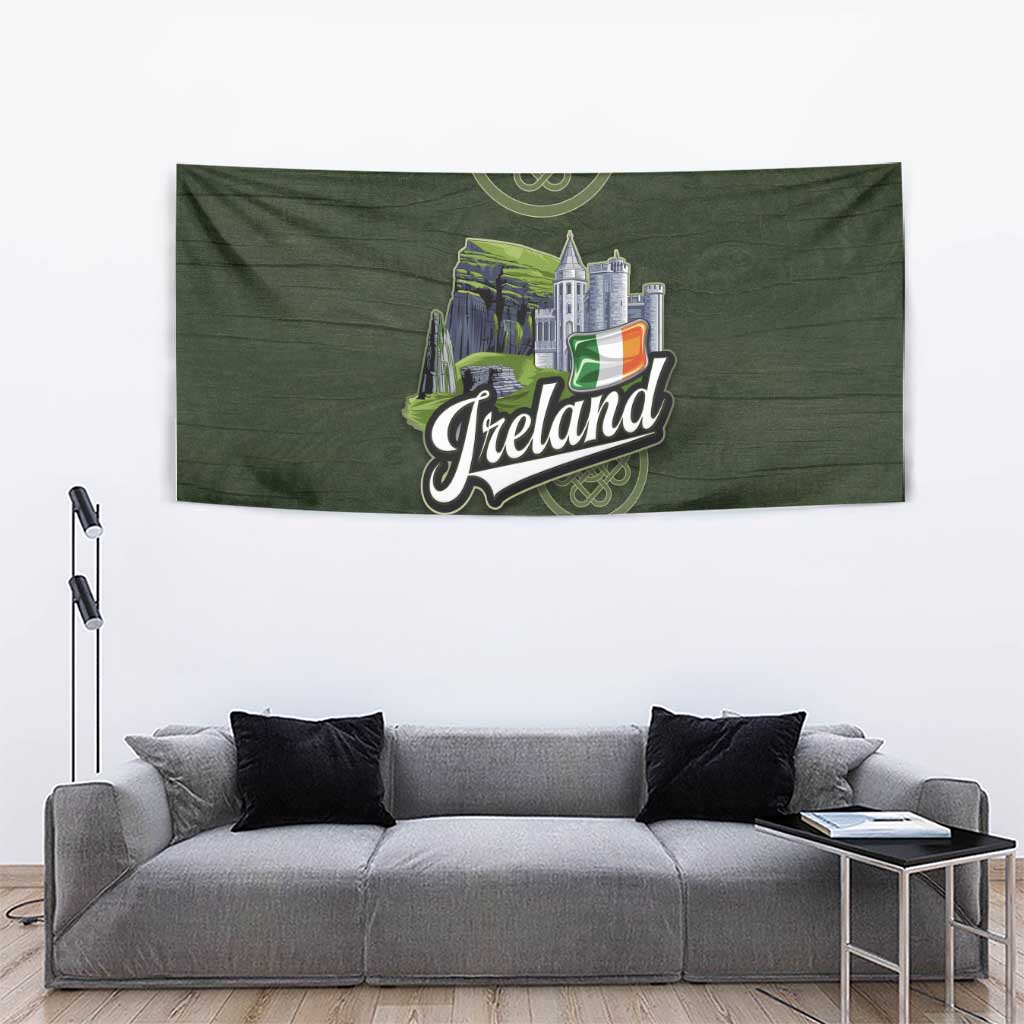 Celtic Ireland Tapestry with Irish Flag Castle and Knotwork Design