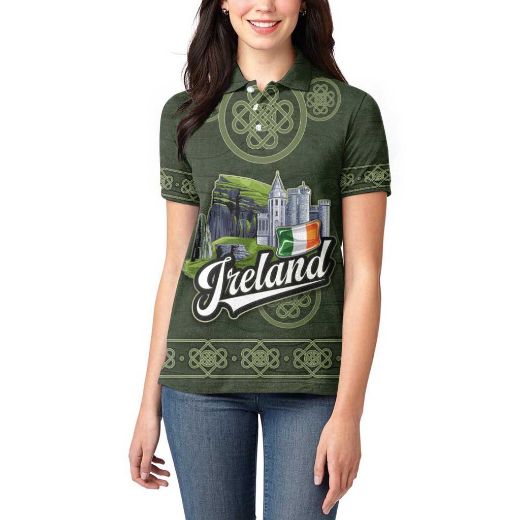 Celtic Ireland Women Polo Shirt with Irish Flag Castle and Knotwork Design