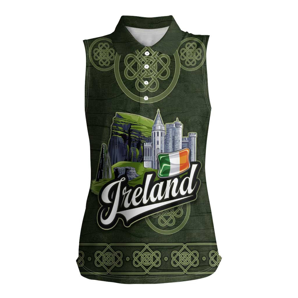 Celtic Ireland Women Sleeveless Polo Shirt with Irish Flag Castle and Knotwork Design