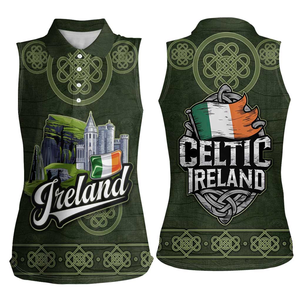 Celtic Ireland Women Sleeveless Polo Shirt with Irish Flag Castle and Knotwork Design