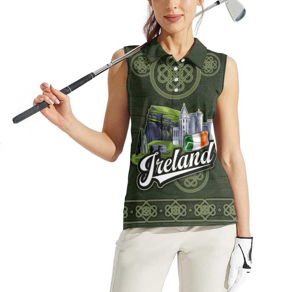 Celtic Ireland Women Sleeveless Polo Shirt with Irish Flag Castle and Knotwork Design