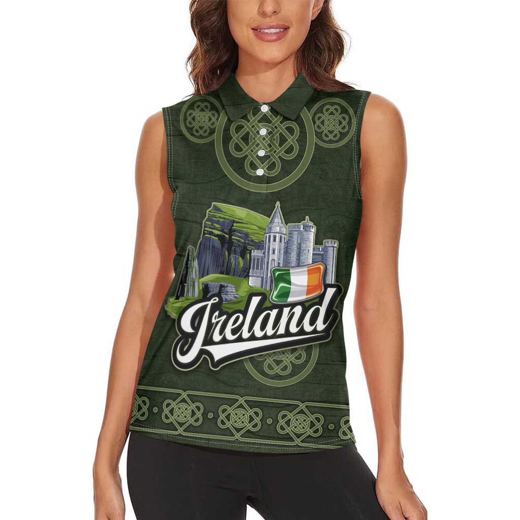 Celtic Ireland Women Sleeveless Polo Shirt with Irish Flag Castle and Knotwork Design