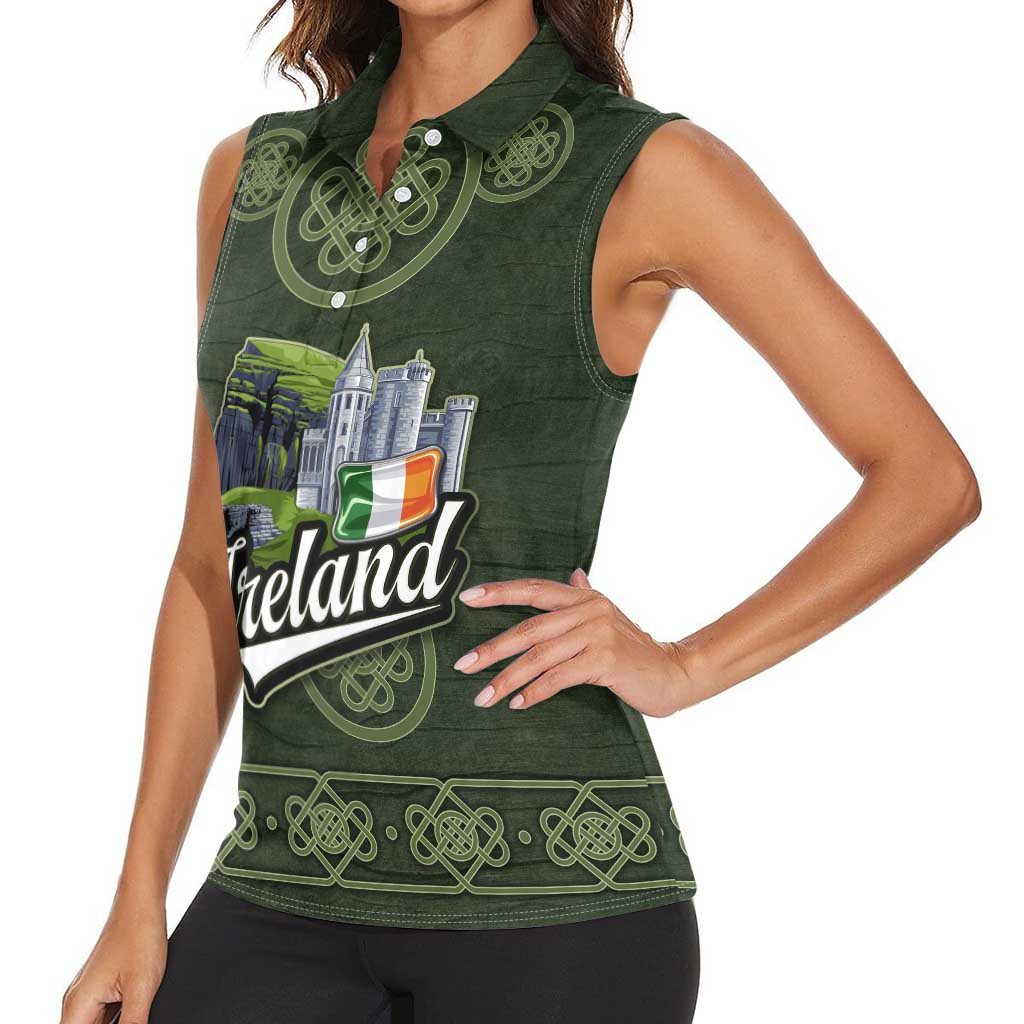 Celtic Ireland Women Sleeveless Polo Shirt with Irish Flag Castle and Knotwork Design