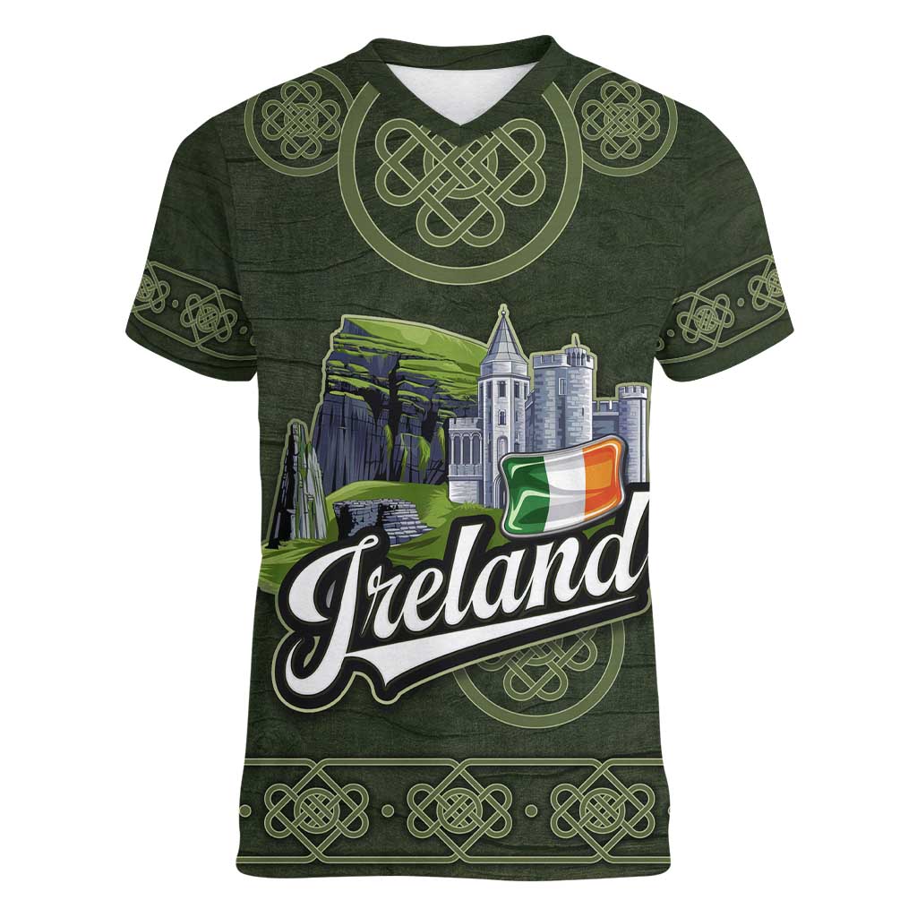 Celtic Ireland Women V-Neck T-Shirt with Irish Flag Castle and Knotwork Design