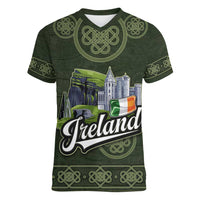 Celtic Ireland Women V-Neck T-Shirt with Irish Flag Castle and Knotwork Design
