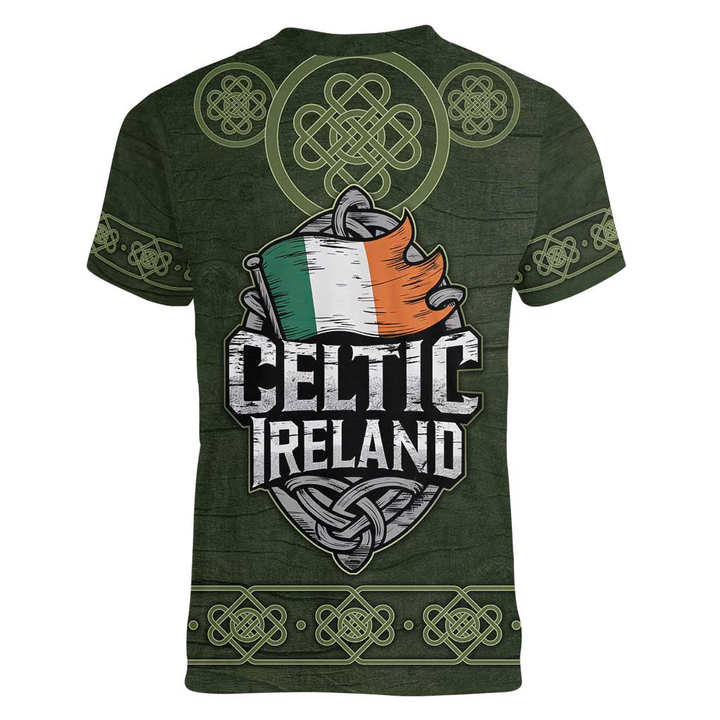 Celtic Ireland Women V-Neck T-Shirt with Irish Flag Castle and Knotwork Design