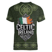 Celtic Ireland Women V-Neck T-Shirt with Irish Flag Castle and Knotwork Design