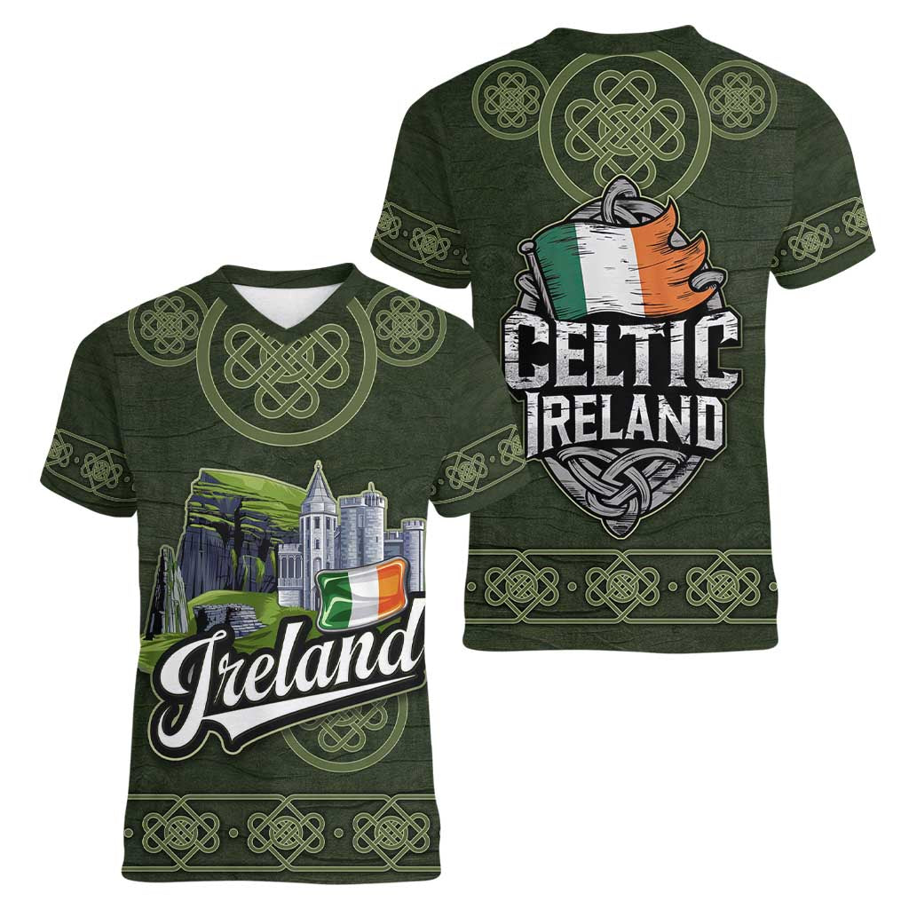Celtic Ireland Women V-Neck T-Shirt with Irish Flag Castle and Knotwork Design