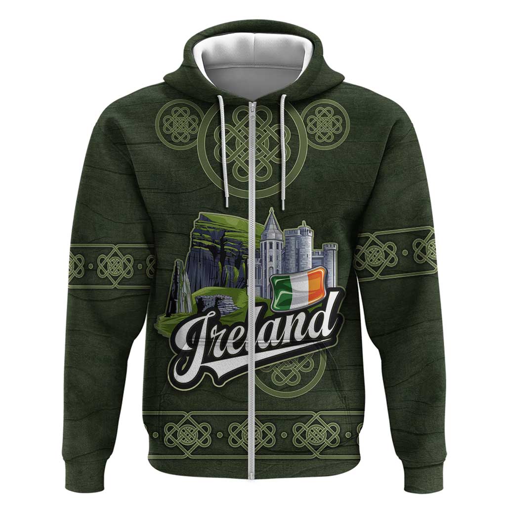 Celtic Ireland Zip Hoodie with Irish Flag Castle and Knotwork Design