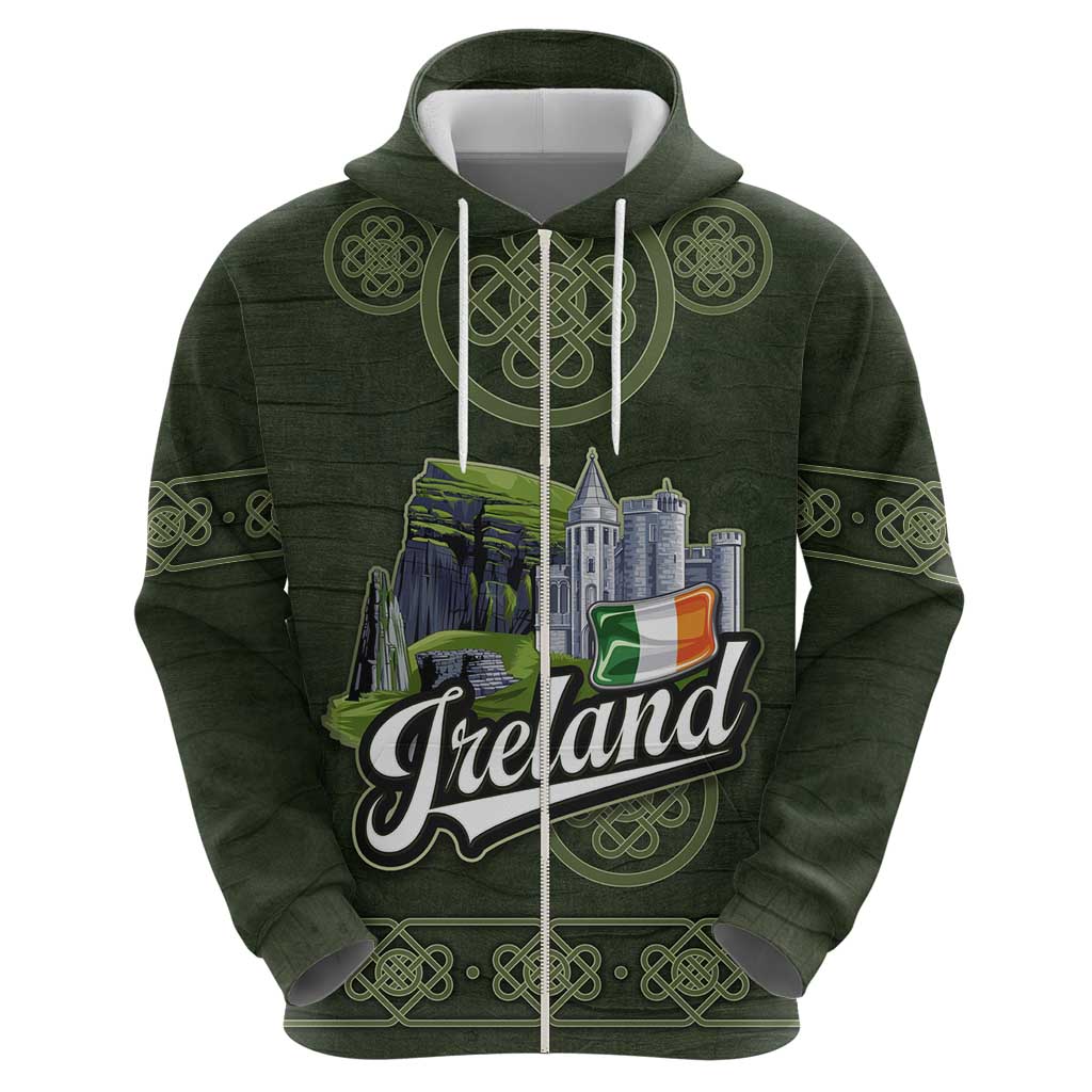 Celtic Ireland Zip Hoodie with Irish Flag Castle and Knotwork Design