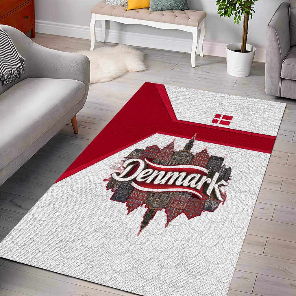 Denmark Area Rug with Cityscape Print and Royal Coat of Arms Design