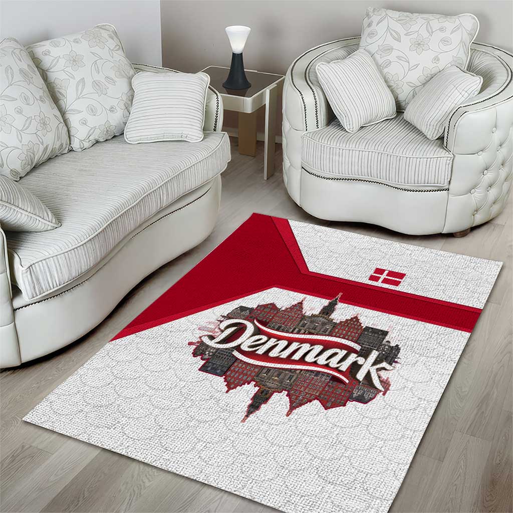 Denmark Area Rug with Cityscape Print and Royal Coat of Arms Design