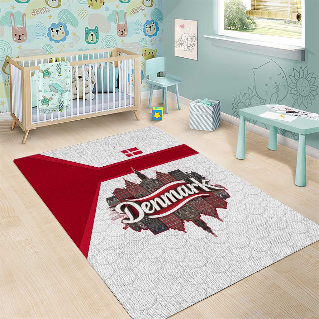Denmark Area Rug with Cityscape Print and Royal Coat of Arms Design