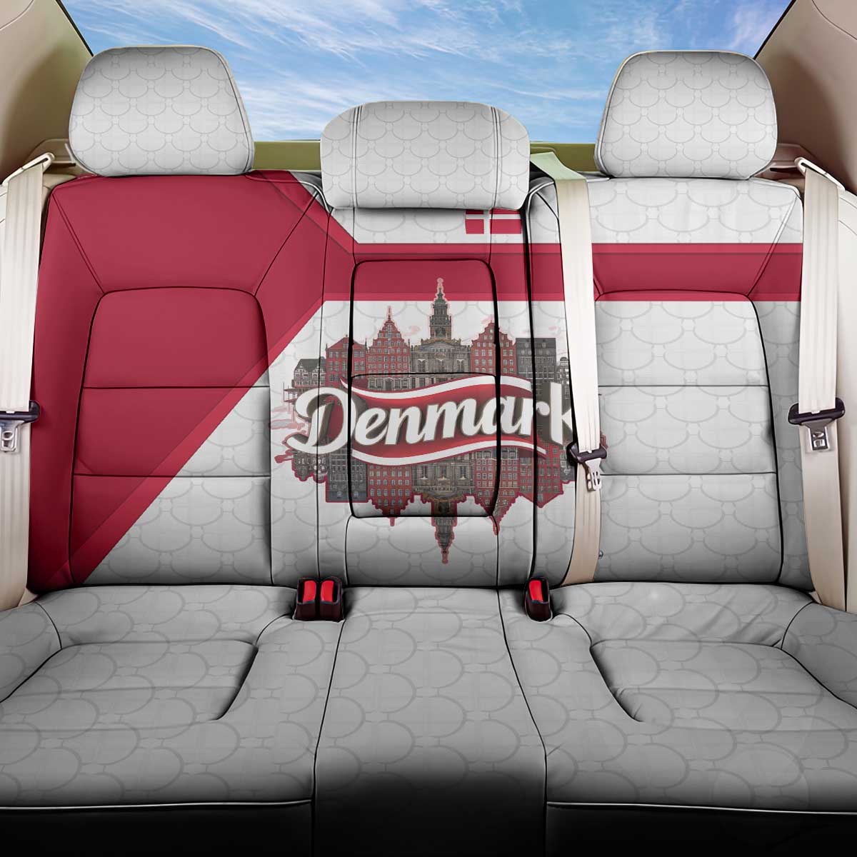 Denmark Back Car Seat Cover with Cityscape Print and Royal Coat of Arms Design