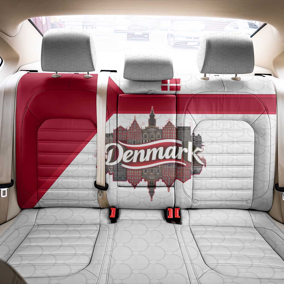 Denmark Back Car Seat Cover with Cityscape Print and Royal Coat of Arms Design