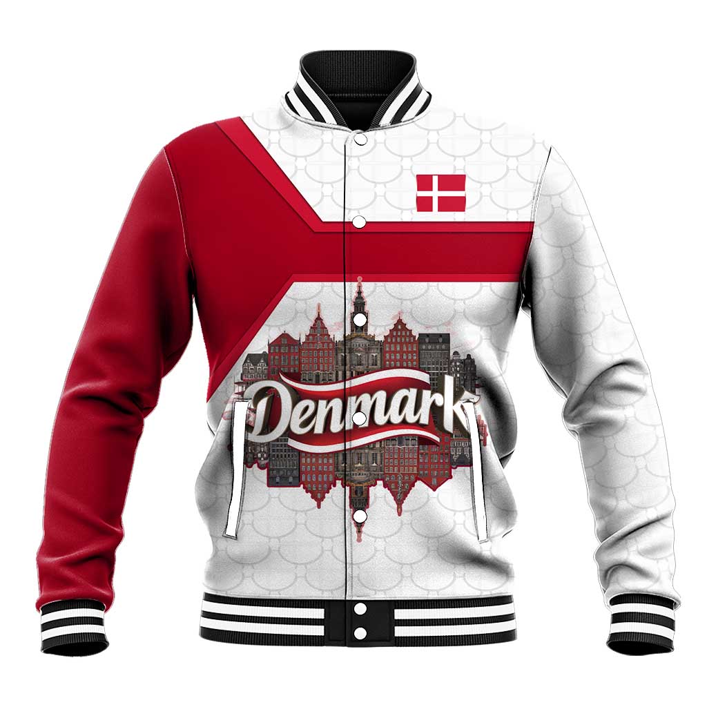 Denmark Baseball Jacket with Cityscape Print and Royal Coat of Arms Design