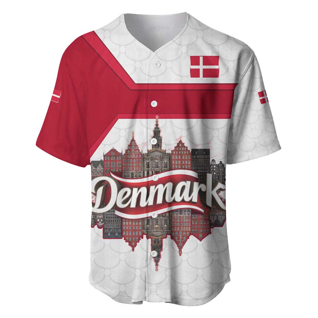 Denmark Baseball Jersey with Cityscape Print and Royal Coat of Arms Design