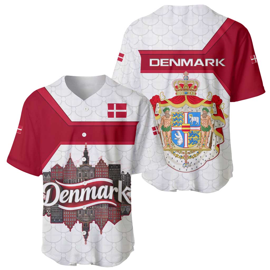 Denmark Baseball Jersey with Cityscape Print and Royal Coat of Arms Design