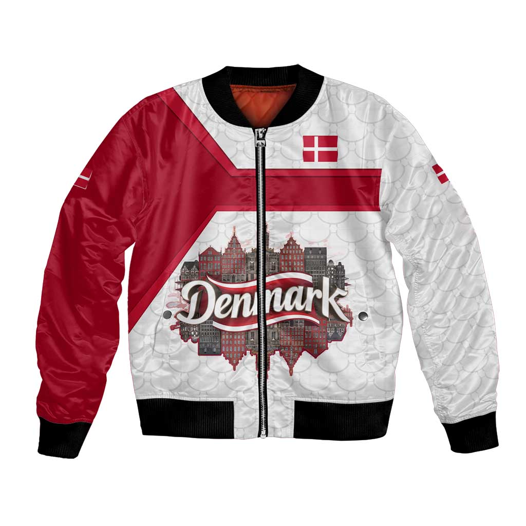 Denmark Bomber Jacket with Cityscape Print and Royal Coat of Arms Design