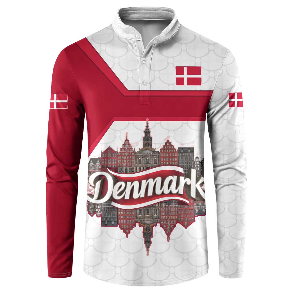 Denmark Button Sweatshirt with Cityscape Print and Royal Coat of Arms Design