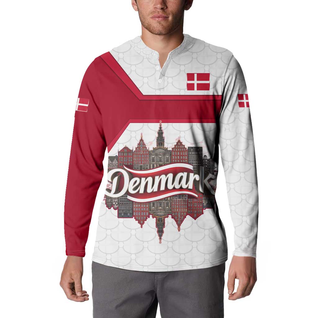 Denmark Button Sweatshirt with Cityscape Print and Royal Coat of Arms Design