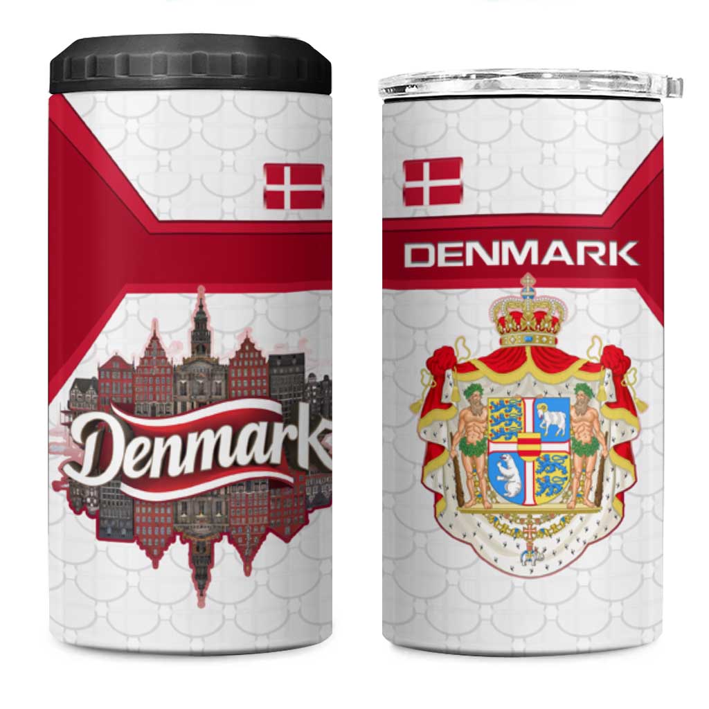 Denmark 4 in 1 Can Cooler Tumbler with Cityscape Print and Royal Coat of Arms Design