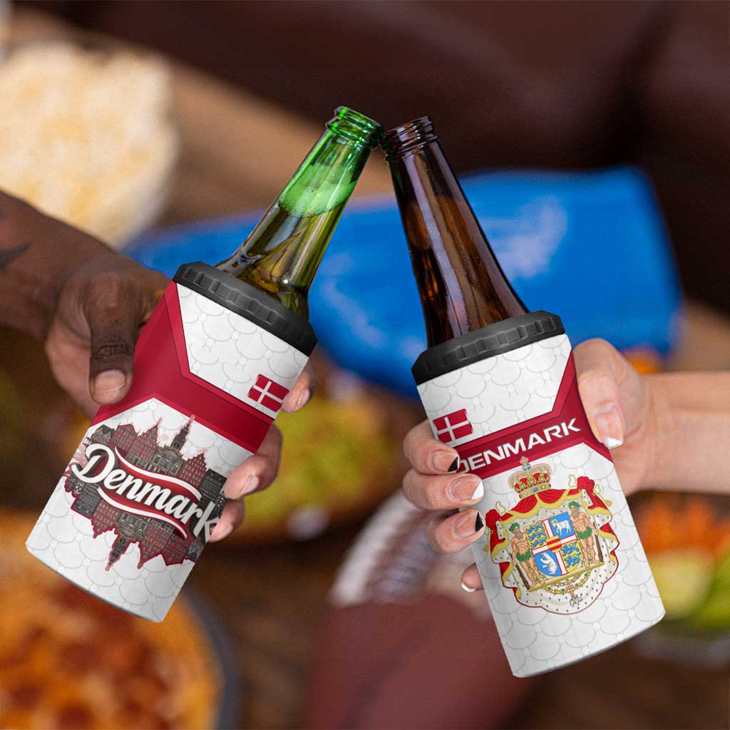 Denmark 4 in 1 Can Cooler Tumbler with Cityscape Print and Royal Coat of Arms Design