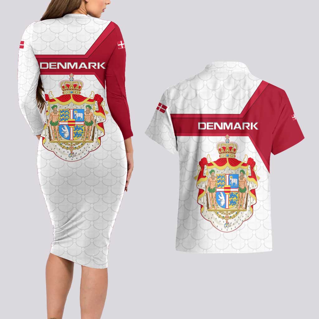 Denmark Couples Matching Long Sleeve Bodycon Dress and Hawaiian Shirt with Cityscape Print and Royal Coat of Arms Design