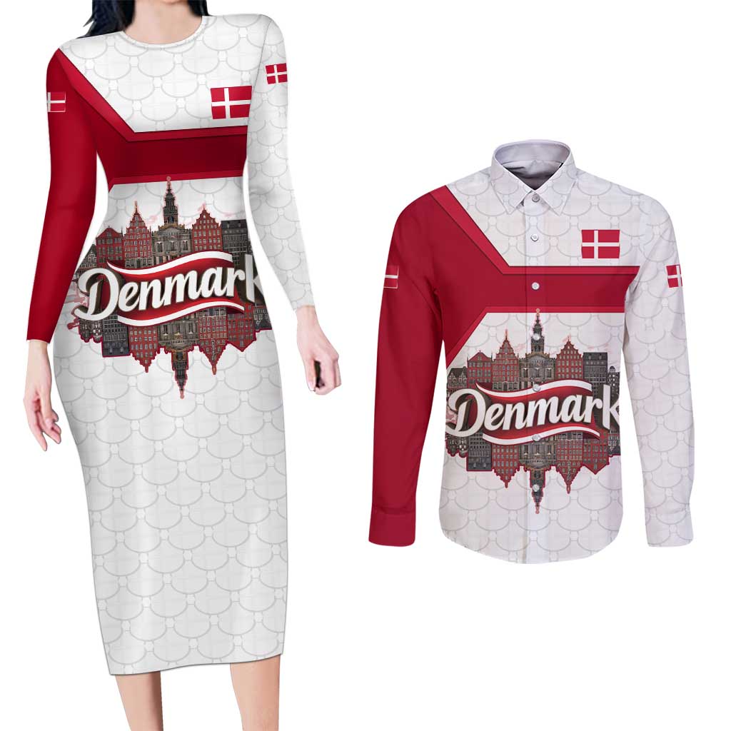 Denmark Couples Matching Long Sleeve Bodycon Dress and Long Sleeve Button Shirt with Cityscape Print and Royal Coat of Arms Design