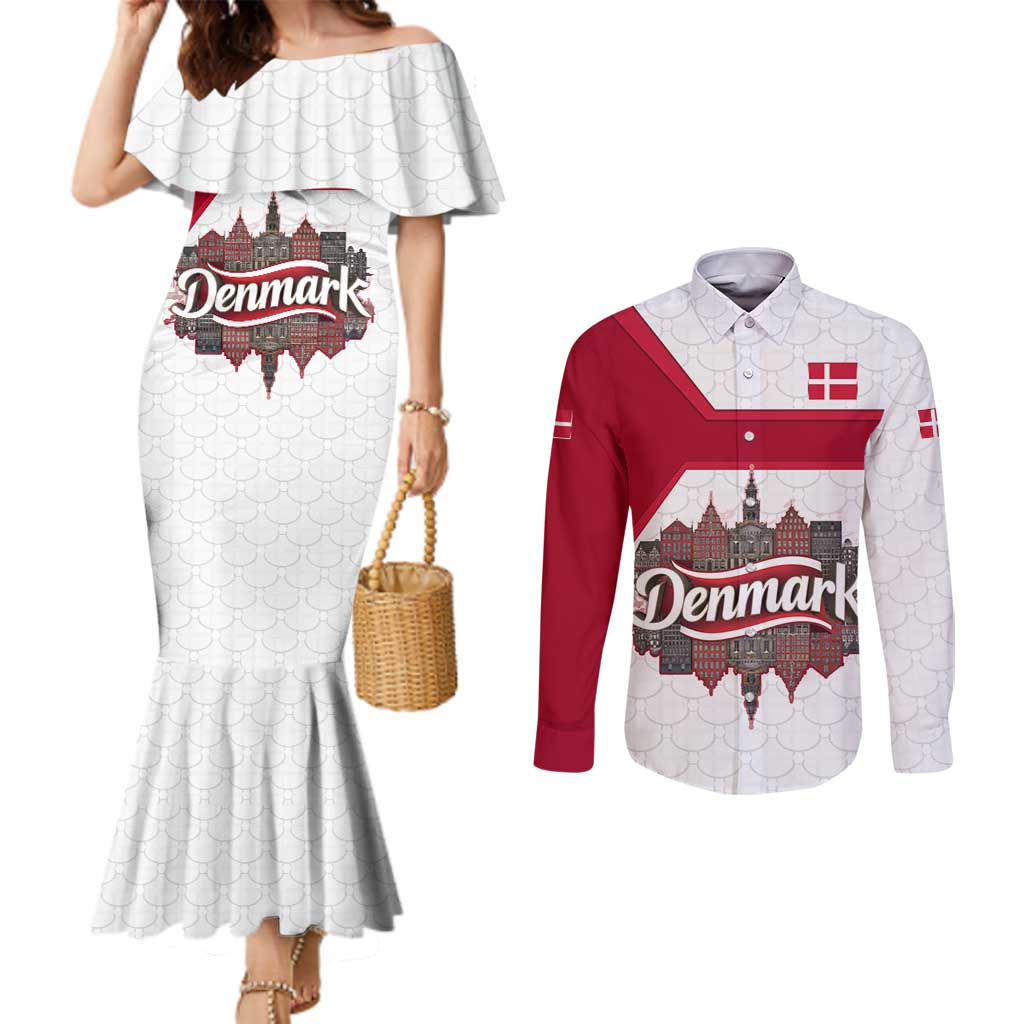 Denmark Couples Matching Mermaid Dress and Long Sleeve Button Shirt with Cityscape Print and Royal Coat of Arms Design