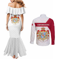 Denmark Couples Matching Mermaid Dress and Long Sleeve Button Shirt with Cityscape Print and Royal Coat of Arms Design